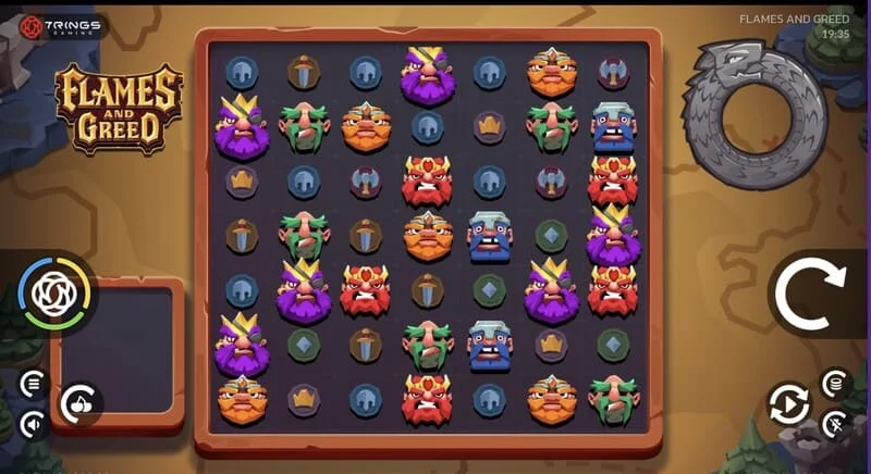 Flames and Greed - หน้าจอหลักพร้อมตาราง 7×7
